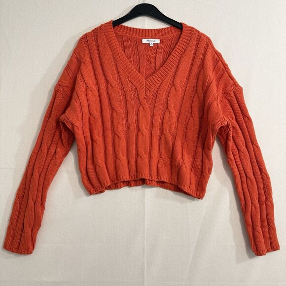 Madewell Womens Cable-Knit V-Neck Crop Sweater In Roasted Squash Size M - Picture 1 of 7